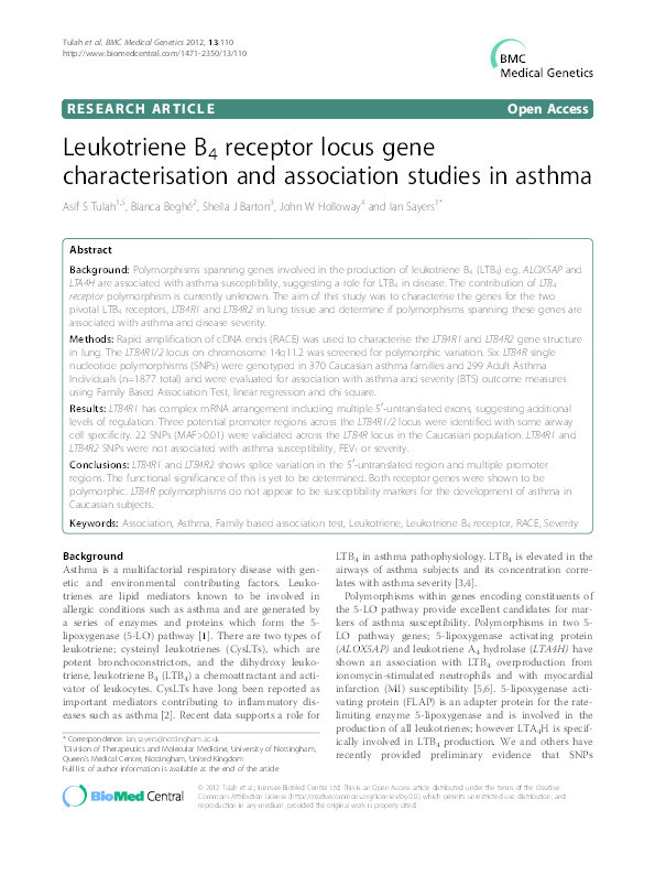 Leukotriene B4 receptor locus gene characterisation and association studies in asthma Thumbnail