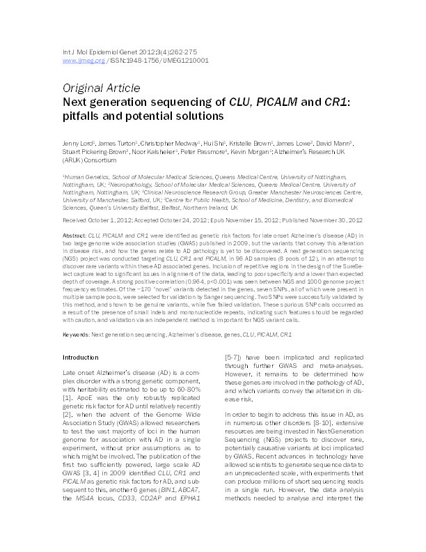 Next generation sequencing of CLU, PICALM and CR1: pitfalls and potential solutions Thumbnail