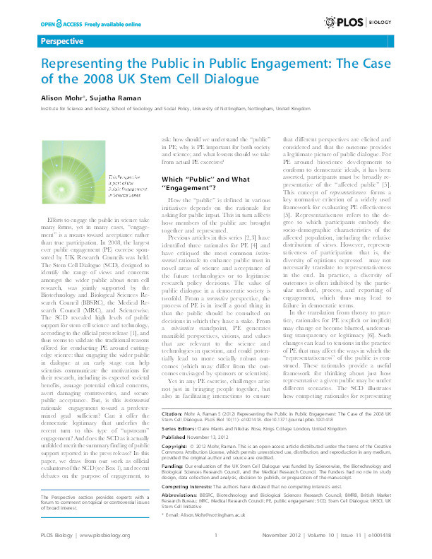 Representing the public in public engagement: the case of the 2008 UK Stem Cell Dialogue Thumbnail