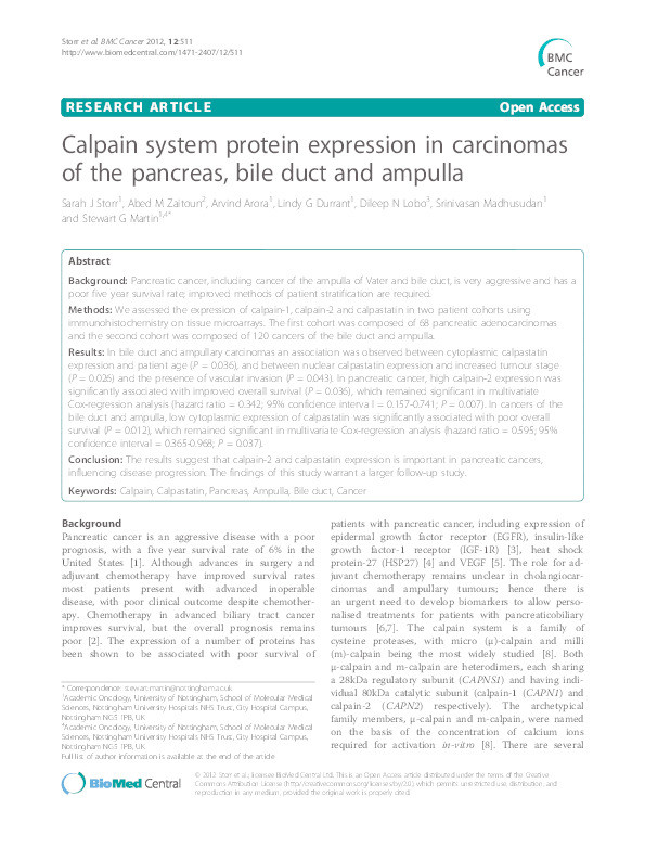 Calpain system protein expression in carcinomas of the pancreas, bile duct and ampulla Thumbnail