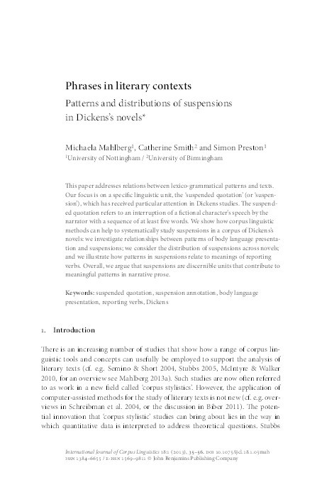 Phrases in literary contexts: patterns and distributions of suspensions in Dickens’s novels Thumbnail