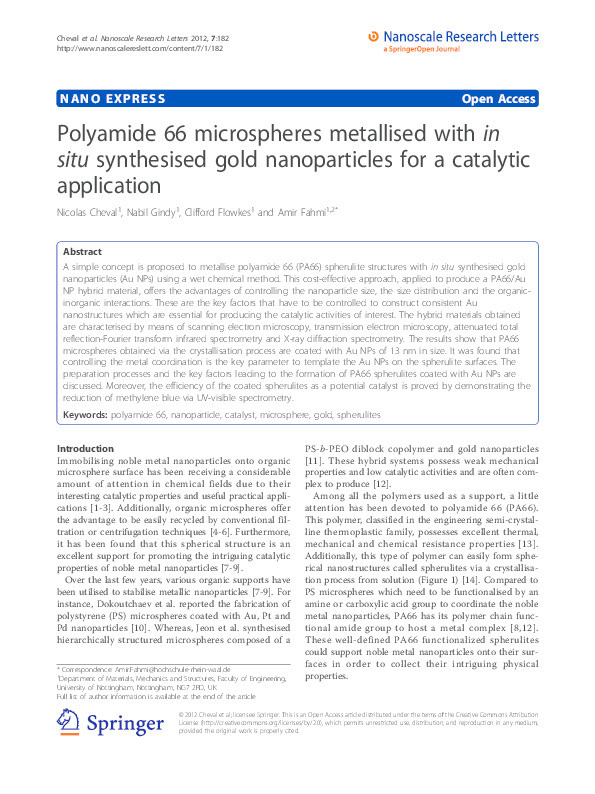 Polyamide 66 microspheres metallised with in situ synthesised gold nanoparticles for a catalytic application Thumbnail