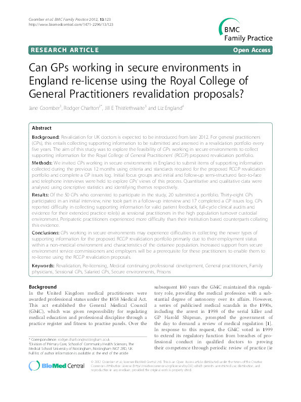 Can GPs working in secure environments in England re-license using the Royal College of General Practitioners revalidation proposals? Thumbnail
