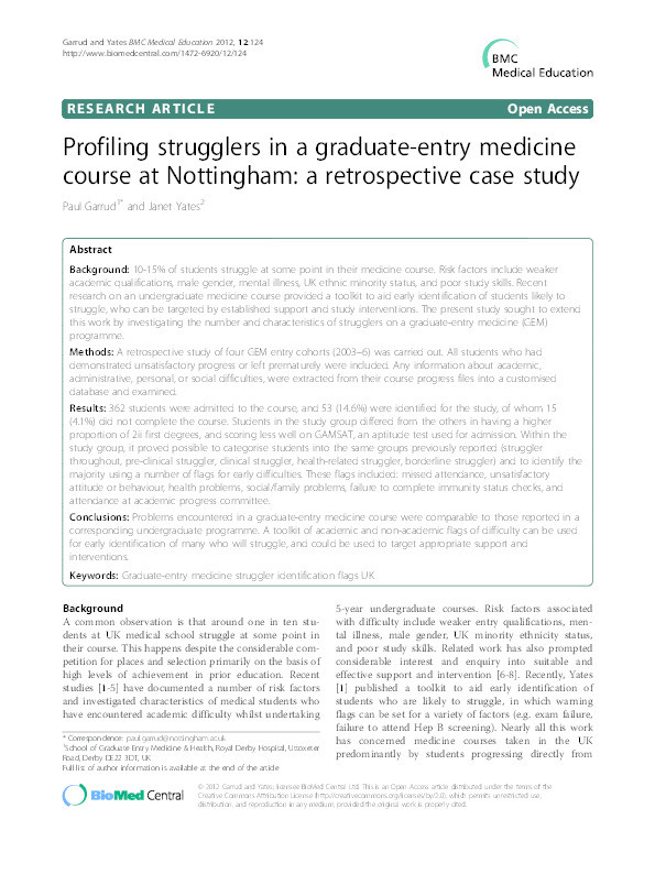 Profiling strugglers in a graduate-entry medicine course at Nottingham: a retrospective case study Thumbnail