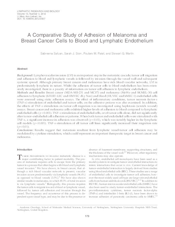 A comparative study of adhesion of melanoma and breast cancer cells to blood and lymphatic endothelium Thumbnail