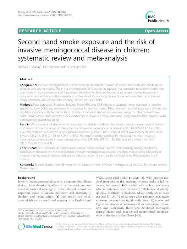 Second hand smoke exposure and the risk of invasive meningococcal disease in children: systematic review and meta-analysis Thumbnail