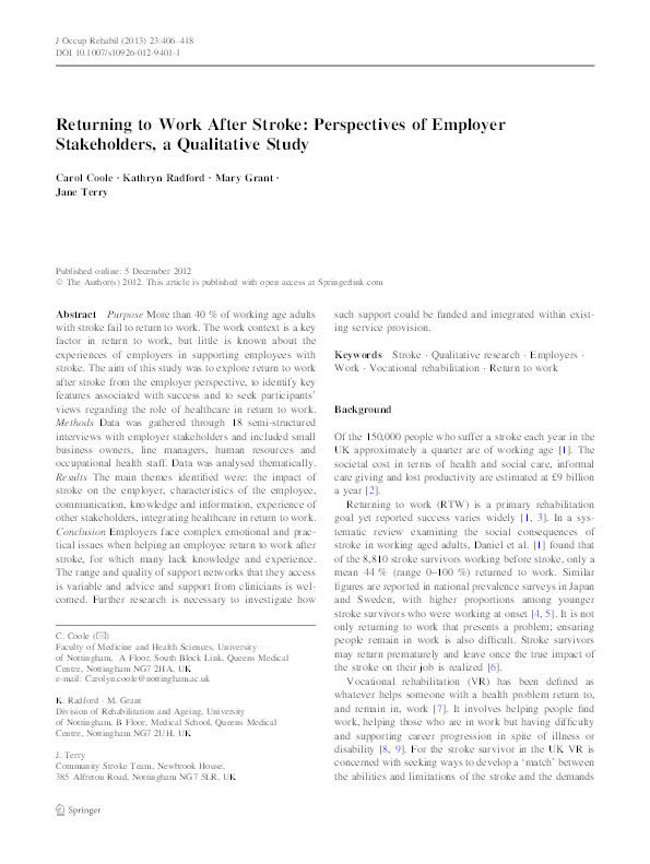 Returning to work after stroke: perspectives of employer stakeholders, a qualitative study. Thumbnail