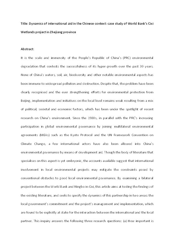 Dynamics of international aid in the Chinese context:  a case study of the World Bank's Cixi Wetlands Project in Zhejiang Province Thumbnail