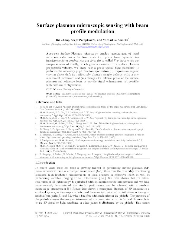 Surface plasmon microscopic sensing with beam profile modulation Thumbnail