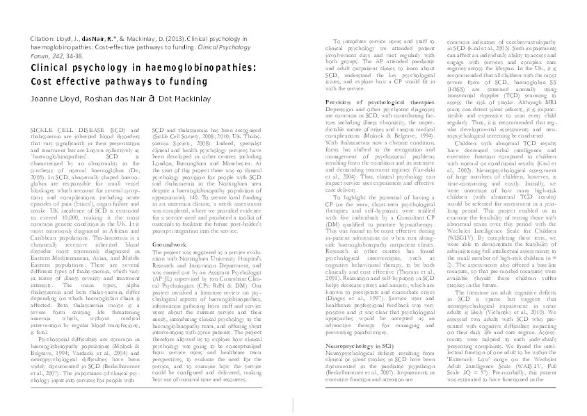 Clinical psychology in haemoglobinopathies: cost effective pathways to funding Thumbnail