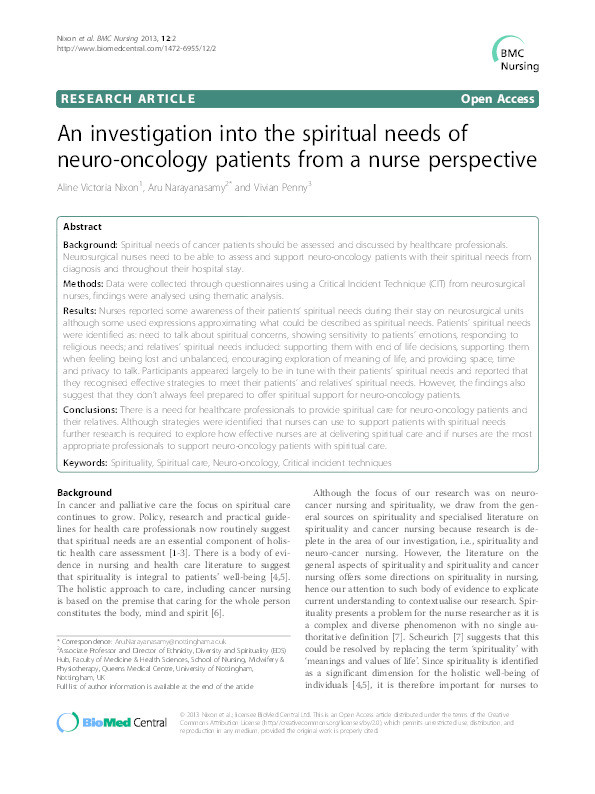 An investigation into the spiritual needs of neuro-oncology patients from a nurse perspective Thumbnail