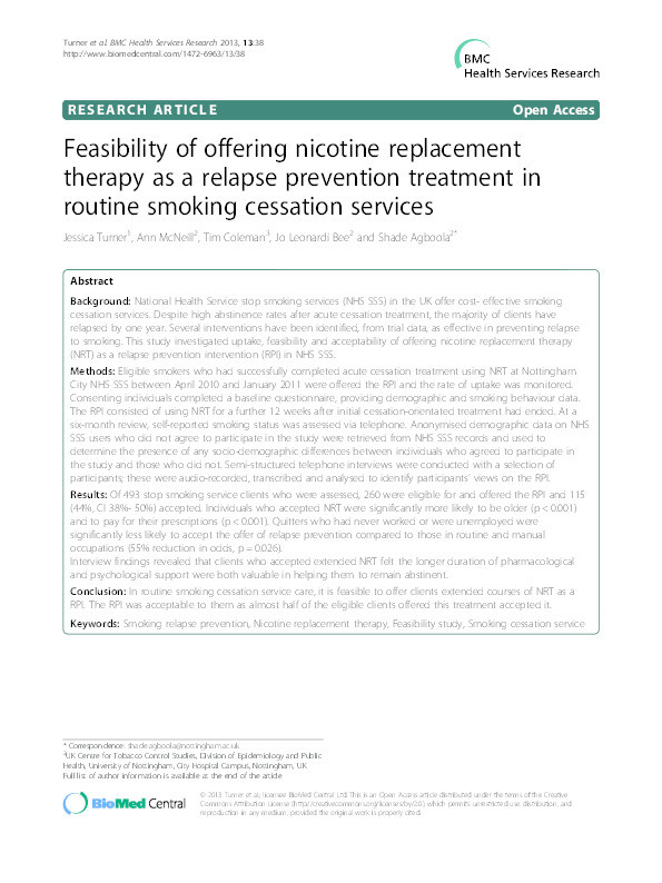 Feasibility of offering nicotine replacement therapy as a relapse prevention treatment in routine smoking cessation services Thumbnail
