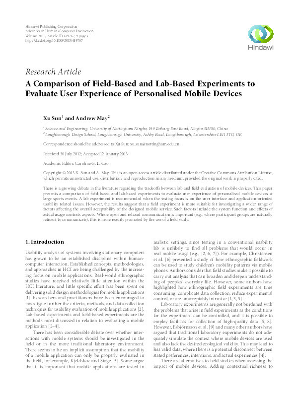 A comparison of field-based and lab-based experiments to evaluate user experience of personalised mobile devices Thumbnail