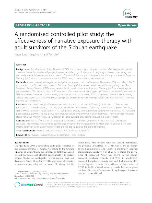 A randomised controlled pilot study: the effectiveness of narrative exposure therapy with adult survivors of the Sichuan earthquake Thumbnail