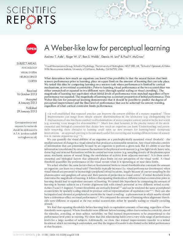 A Weber-like law for perceptual learning Thumbnail