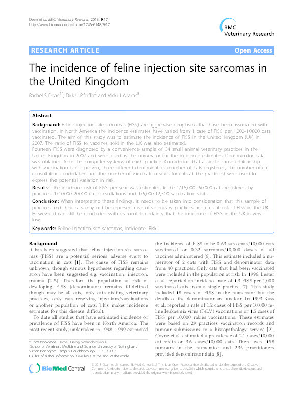The incidence of feline injection site sarcomas in the United Kingdom Thumbnail