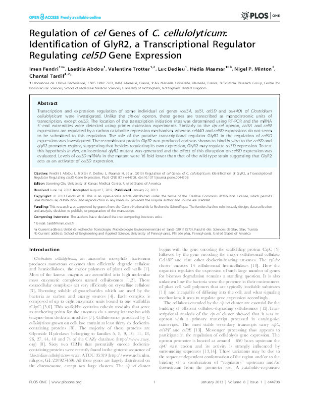 Regulation of cel genes of C. cellulolyticum: identification of GlyR2, a transcriptional regulator regulating cel5D gene expression Thumbnail