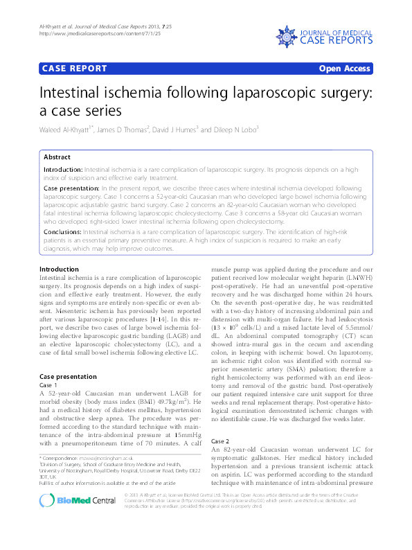 Intestinal ischemia following laparoscopic surgery: a case series Thumbnail