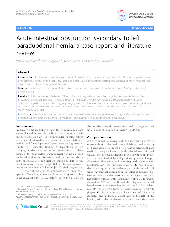 Acute intestinal obstruction secondary to left paraduodenal hernia: a case report and literature review Thumbnail