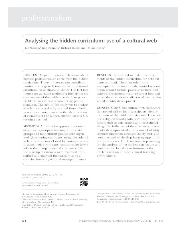 Analysing the hidden curriculum: use of a cultural web Thumbnail