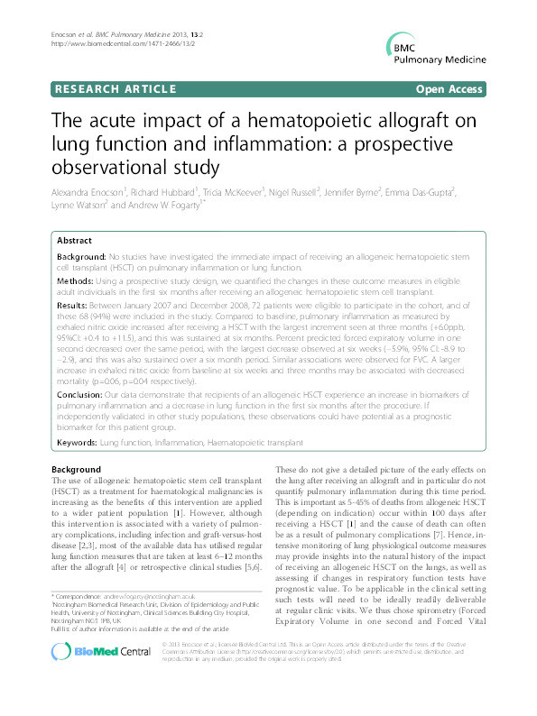 The acute impact of a hematopoietic allograft on lung function and inflammation: a prospective observational study Thumbnail