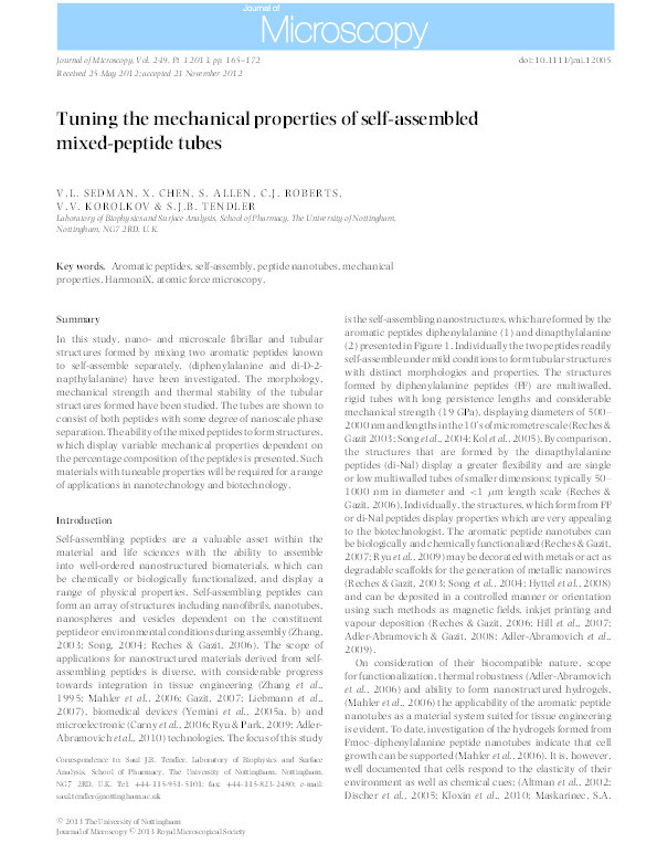 Tuning the mechanical properties of self-assembled mixed-peptide tubes Thumbnail