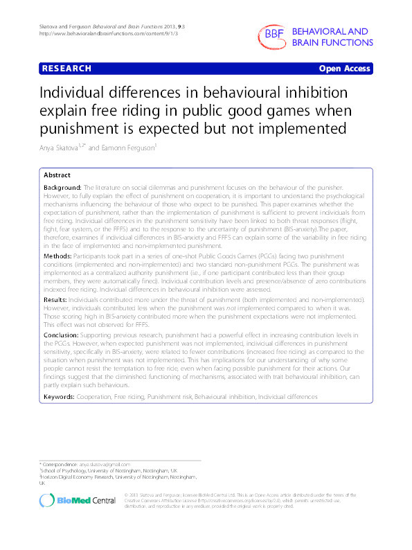 Individual differences in behavioural inhibition explain free riding in public good games when punishment is expected but not implemented Thumbnail