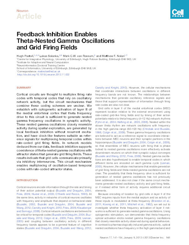 Feedback inhibition enables theta-nested gamma oscillations and grid firing fields Thumbnail