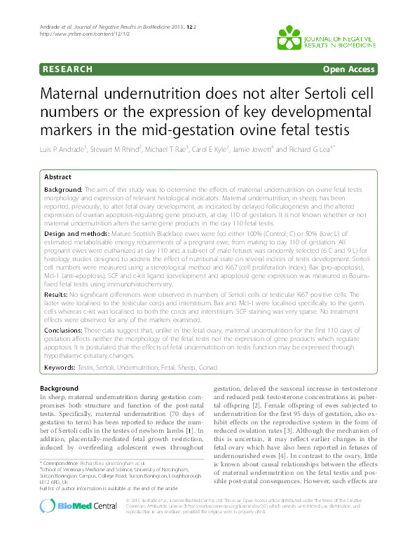 Maternal undernutrition does not alter Sertoli cell numbers or the expression of key developmental markers in the mid-gestation ovine fetal testis Thumbnail