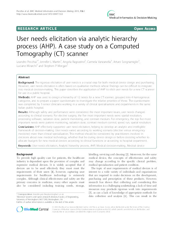 User needs elicitation via analytic hierarchy process (AHP): a case study on a Computed Tomography (CT) scanner Thumbnail