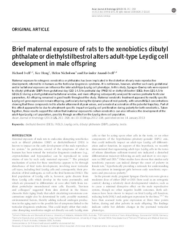Brief maternal exposure of rats to the xenobiotics dibutyl phthalate or diethylstilbestrol alters adult-type Leydig cell development in male offspring Thumbnail