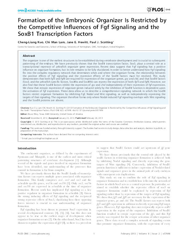 Formation of the embryonic organizer is restricted by the competitive influences of Fgf signaling and the SoxB1 transcription factors Thumbnail