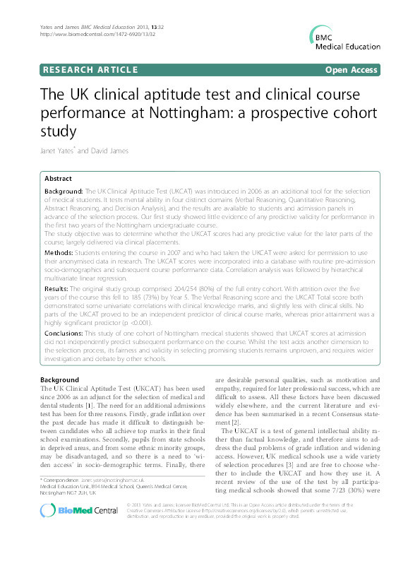 The UK clinical aptitude test and clinical course performance at Nottingham: a prospective cohort study Thumbnail