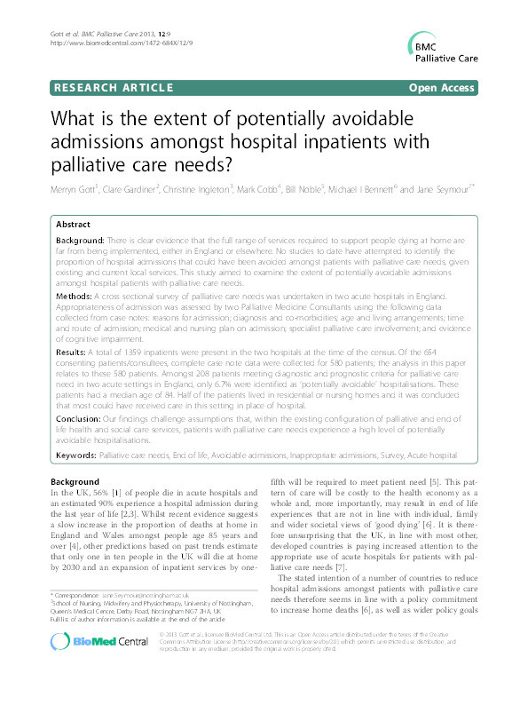 What is the extent of potentially avoidable admissions amongst hospital inpatients with palliative care needs? Thumbnail