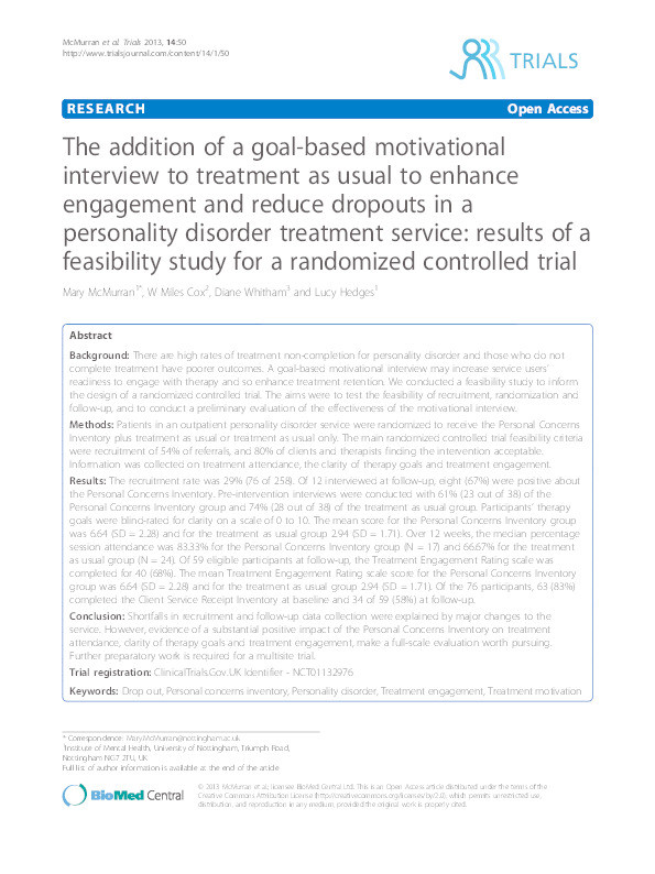 The addition of a goal-based motivational interview to treatment as usual to enhance engagement and reduce dropouts in a personality disorder treatment service: results of a feasibility study for a randomized controlled trial Thumbnail