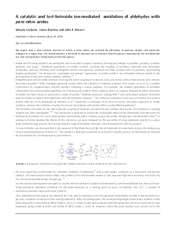 A catalytic and tert-butoxide ion-mediated  amidation of aldehydes with para-nitro azides Thumbnail