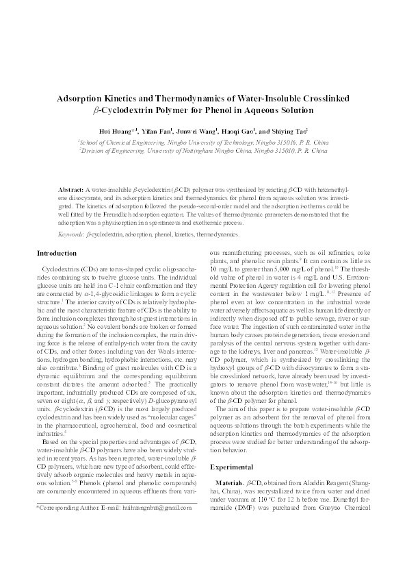 Adsorption kinetics and thermodynamics of water-insoluble crosslinked ?-cyclodextrin polymer for phenol in aqueous solution Thumbnail