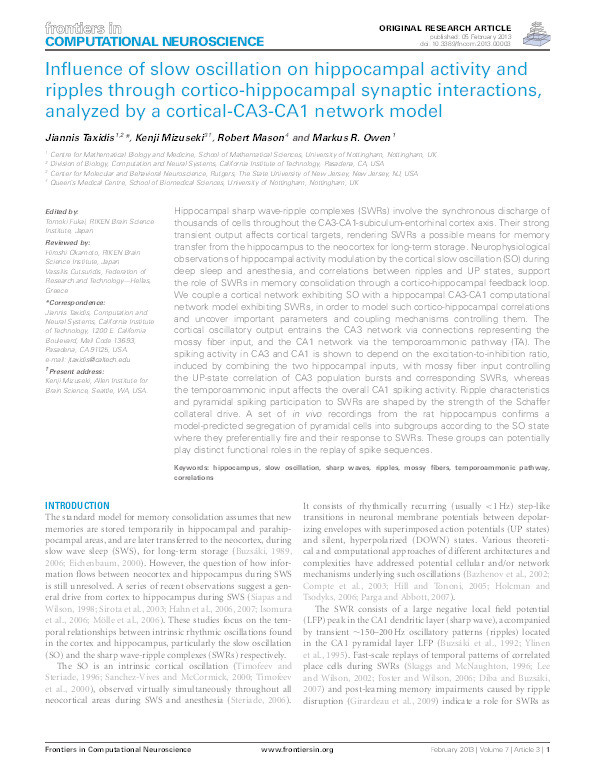 Influence of slow oscillation on hippocampal activity and ripples through cortico-hippocampal synaptic interactions, analyzed by a cortical-CA3-CA1 network model Thumbnail