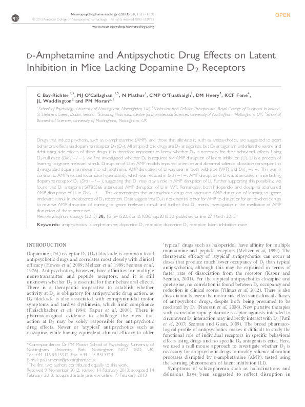 D-amphetamine and antipsychotic drug effects on latent inhibition in mice lacking dopamine D2 receptors Thumbnail