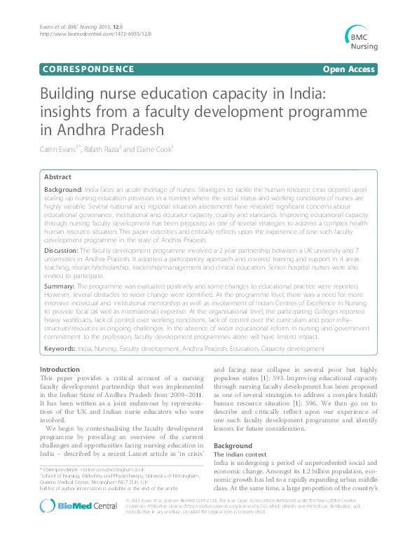 Building nurse education capacity in India: insights from a faculty development programme in Andhra Pradesh Thumbnail
