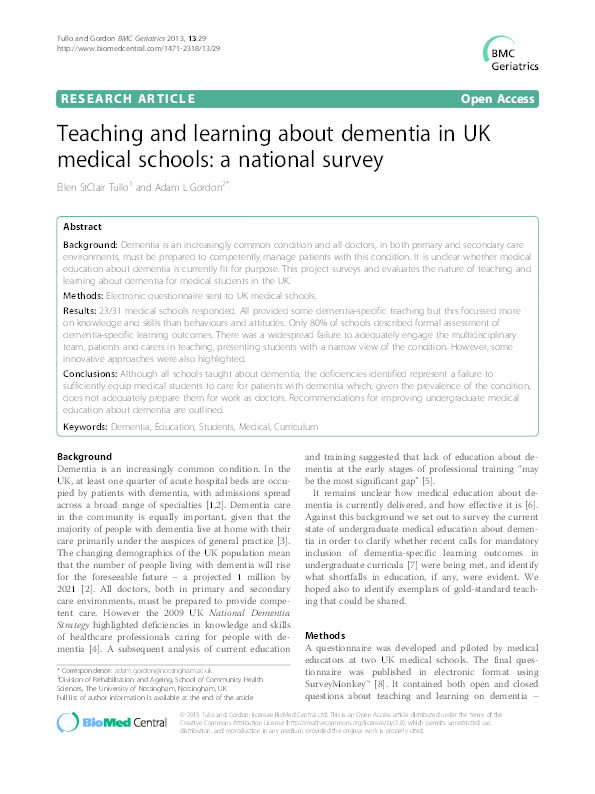 Teaching and learning about dementia in UK medical schools: a national survey Thumbnail