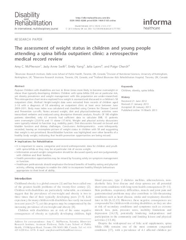 The assessment of weight status in children and young people attending a spina bifida outpatient clinic: a retrospective medical record review Thumbnail