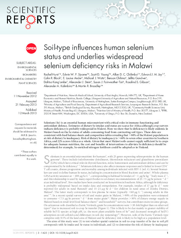 Soil-type influences human selenium status and underlies widespread selenium deficiency risks in Malawi Thumbnail