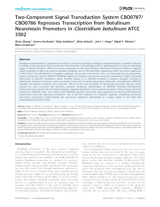Two-component signal transduction system CBO0787/ CBO0786 represses transcription from botulinum neurotoxin promoters in Clostridium botulinum ATCC 3502 Thumbnail