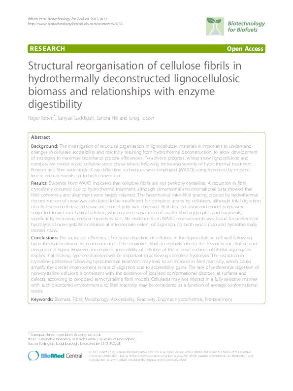 Structural reorganisation of cellulose fibrils in hydrothermally deconstructed lignocellulosic biomass and relationships with enzyme digestibility Thumbnail