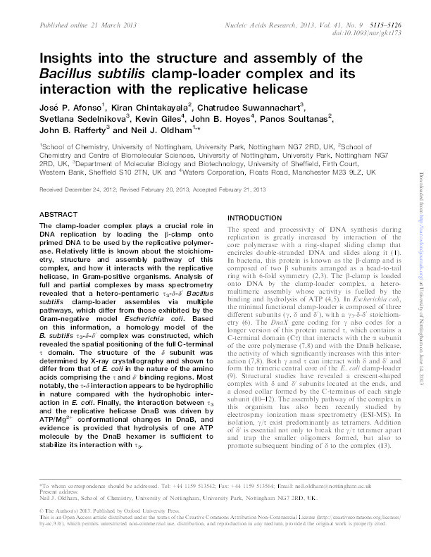 Insights into the structure and assembly of the Bacillus subtilis clamp-loader complex and its interaction with the replicative helicase. Thumbnail