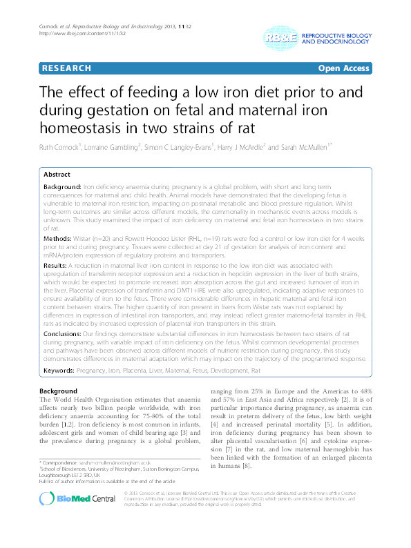 The effect of feeding a low iron diet prior to and during gestation on fetal and maternal iron homeostasis in two strains of rat Thumbnail