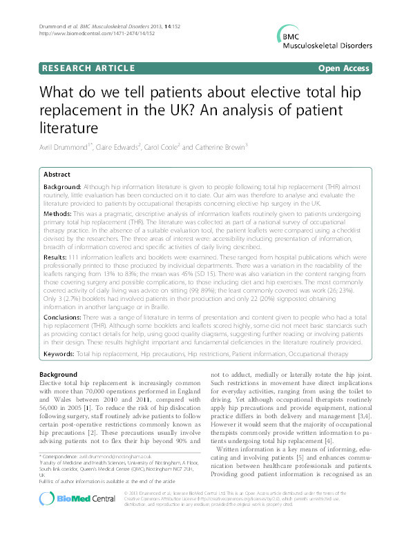 What do we tell patients about elective total hip replacement in the UK?: an analysis of patient literature Thumbnail