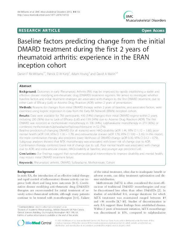 Baseline factors predicting change from the initial DMARD treatment during the first 2?years of rheumatoid arthritis: experience in the ERAN inception cohort Thumbnail