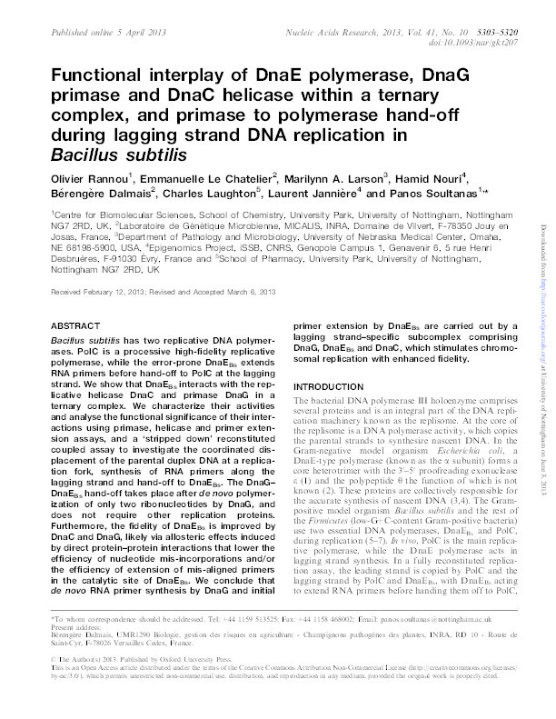 Functional interplay of DnaE polymerase, DnaG primase and DnaC helicase within a ternary complex, and primase to polymerase hand-off during lagging strand DNA replication in Bacillus subtilis Thumbnail